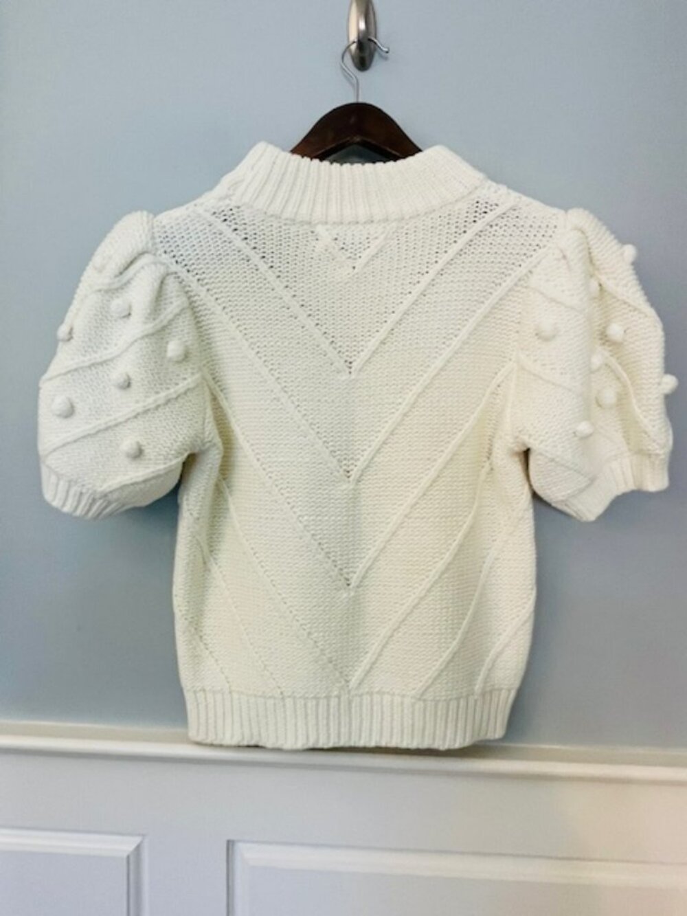 English Factory Puff Short Sleeve Sweater Mock Neck Textured Knit Ivory Medium - Picture 5 of 7